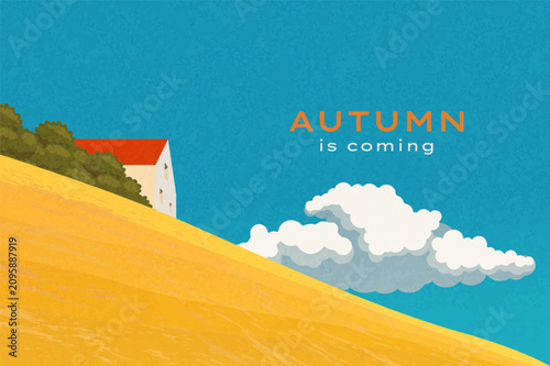 Autumn rural landscape with hills,agricultural fields and house with red roof.Fall panorama view,minimal design with blue sky,cloud,fields,home,nature landscape.Farming concept.Pastoral texture vector