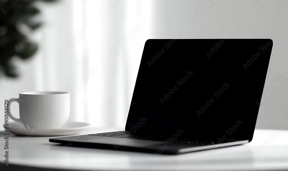 Fototapeta premium Laptop and coffee cup on a white table with sunbeams streaming through window.