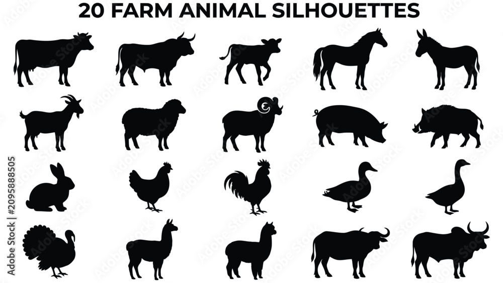 Fototapeta premium Black silhouettes of various farm animals on white background