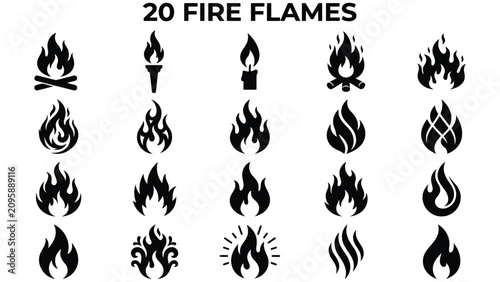 Cuadro en lienzo Collection of various fire flames icons in black on white background