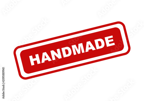 Red rectangular handmade stamp label icon with bold white text isolated on a clean transparent digital background isolated on transparent background