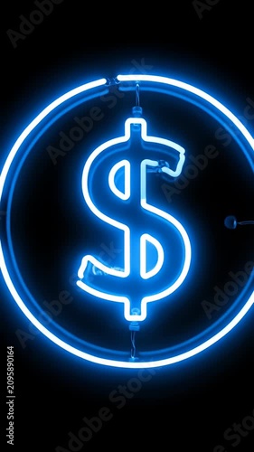 Blue neon dollar sign icon within circle.
