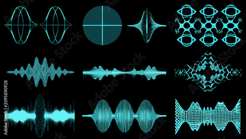 Photos Audio waveform variations collection teal vector illustrations on a black backgr