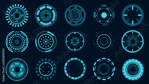 Foto Collection of circular interface icons with radial designs teal and white on a d
