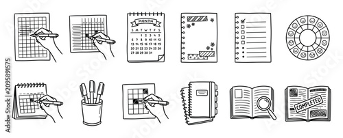 Hand drawn doodle icon set for journaling and planning with calendars, checklists, mood trackers, and notebooks in a simple black and white sketch style for organization and productivity