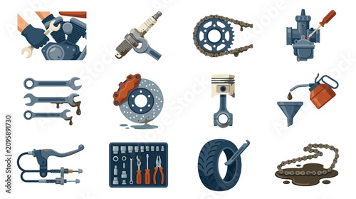 Foto Collection of Motorcycle Parts and Tools for Repair and Maintenance