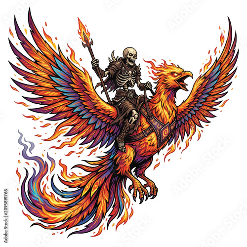 Skeleton Rider On a Fiery Phoenix Soaring Through Multicolored Flames.
