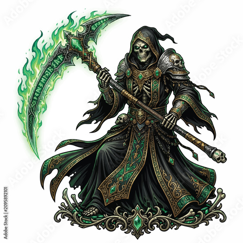 Dark Hooded Necromancer Wielding Glowing Green Scythe in Fiery Battle.