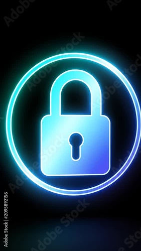 Neon blue padlock icon on black background.