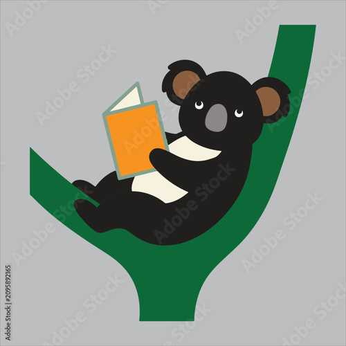 Cute Koala Reading on Tree Branch Flat Vector Design Art And Illustration