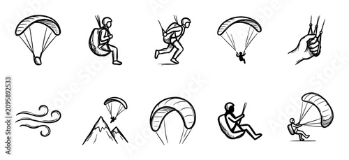Collection of ten hand-drawn paragliding icons in a black line art doodle style, illustrating extreme sport elements like a pilot, canopy, mountain flight, and wind symbol