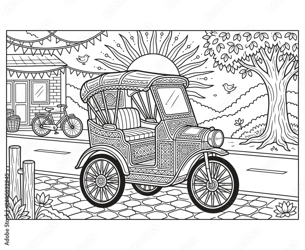 Fototapeta premium Intricate rickshaw tricycle parked on cobblestone street near tree and village coloring art.