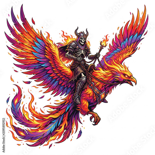 Fiery armored phoenix rider soaring through vibrant flames and ornate plumage in dynamic fantasy art.