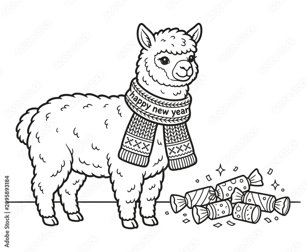 Fototapeta premium Cute alpaca wearing a happy new year scarf standing next to a pile of candies.