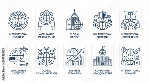 A collection of global corporate icons depicting international business and finance