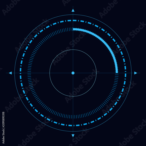 Futurist cybernetic radar screen interface featuring glowing blue heads up display elements on dark background