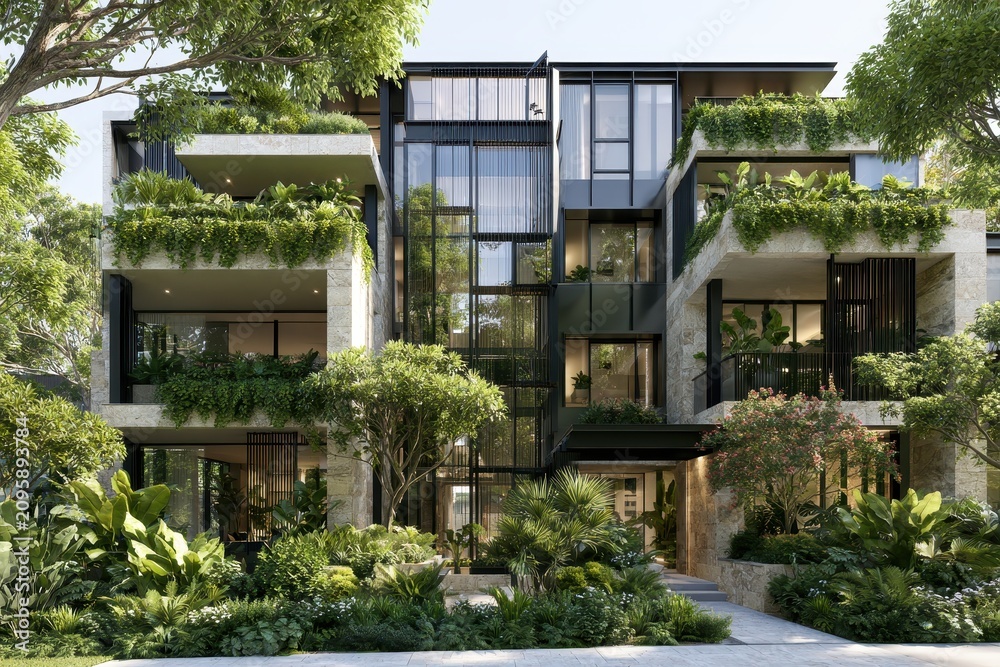 Fototapeta premium Modern luxury apartments with vertical gardens and stone facades in a sharp focus architectural shot for sustainable real estate marketing