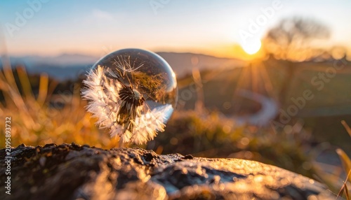 Dandelion Seed Head Reflected in Crystal Ball at Sunset.
