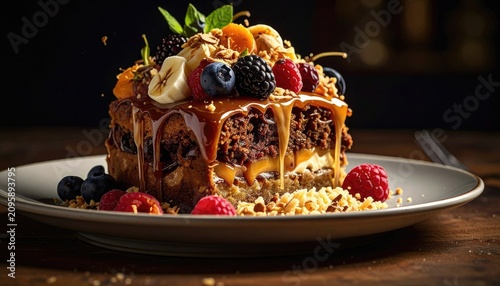 Decadent Chocolate Cake Stacked High with Fresh Berries and Drizzled Caramel.