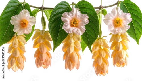 Delicate Hanging Flowers with Green Leaves on White Background.