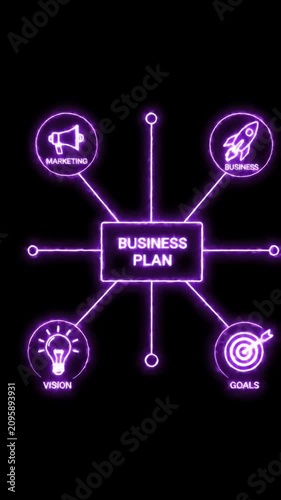 Neon purple business plan sign on black.