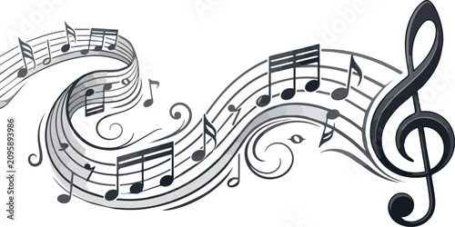 Bild auf Leinwand Sheet Music Swirl Pattern, Musical Notes Flowing on Wavy Staff Lines Vector Desi