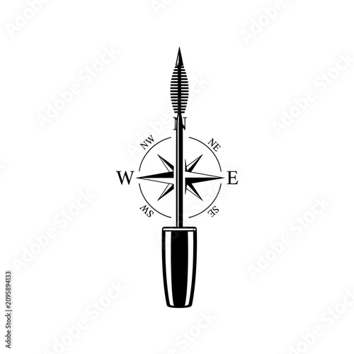 Mascara wand and compass rose creative beauty logo.