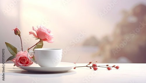 Delicate Pink Roses and Coffee Cup on Table.
