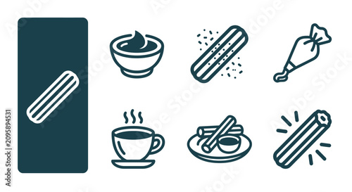 Fotografía Set of minimalist dark green vector line icons depicting Spanish churros, fried dough pastry, chocolate dipping sauce bowl, piping bag, coffee cup, sugar sprinkles, and serving plate