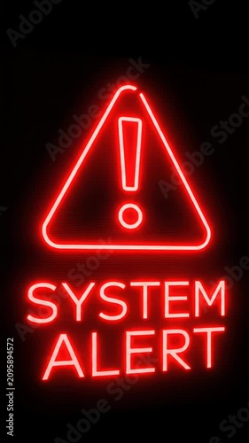 Neon red system alert warning sign with exclamation.