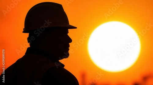 Worker silhouette in hard hat standing against a hot orange sun during a summer heat wave.