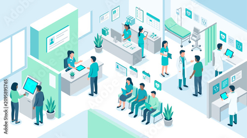 Isometric Hospital Clinic Interior Vector Illustration with Doctors, Patients, Nurses, Reception Desk, Waiting Room, and Medical Equipment in Teal and Light Blue