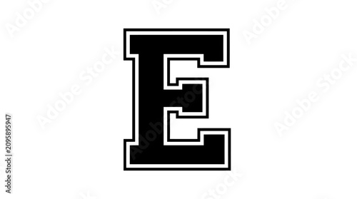 Black letter e with white outline collegiate style silhouette on white background