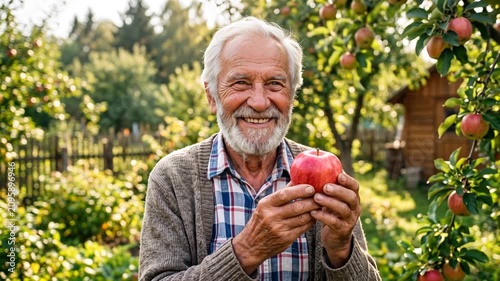 Happy senior gardener holding a ripe red apple and smiling in a blooming apple orchard