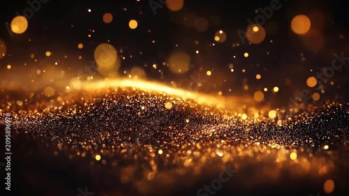 Golden bokeh particles and glitter floating gently and shimmering on dark background, creating a festive effect.