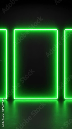 Glowing green neon frames in a dark room.