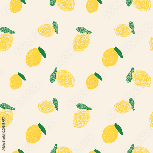 Seamless Lemon Print Design. Hand Drawing Lemon illustration. orange pattern design. summer fruit print artwork.  lemon background. fashion design. kids girl boys   clothing design.