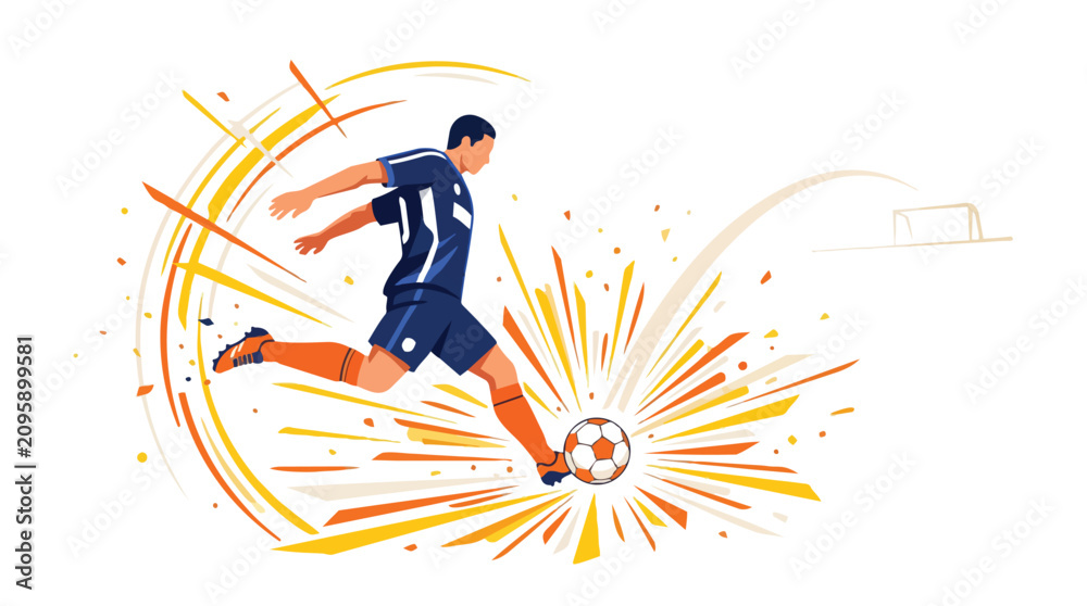 Fototapeta premium Dynamic soccer player kicking a ball with energetic motion effects.
