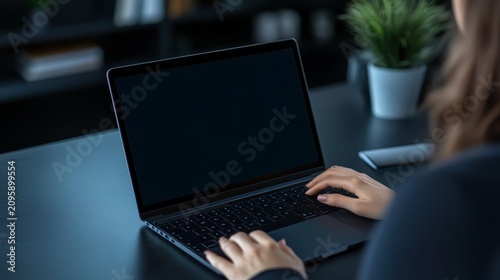 Person typing on blank laptop screen in modern office workspace setting with professional lighting and decor elements