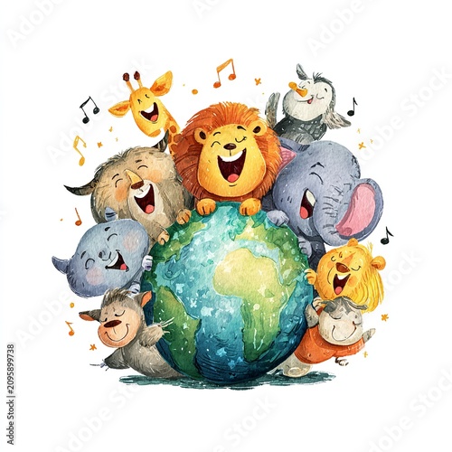 Cute Watercolor Illustration of Happy Cartoon Safari Animals Singing Around Planet Earth Isolated on White Background