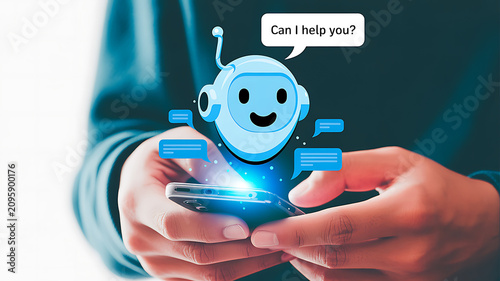 Friendly cartoon robot with speech bubble interacting with a smartphone held by hands