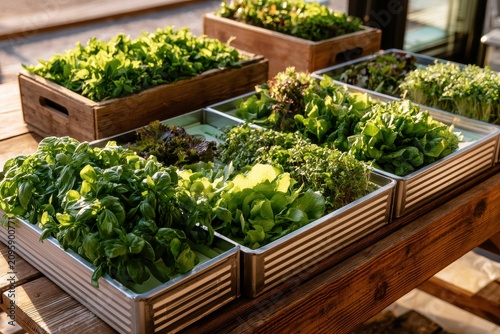 Fresh organic microgreens and leafy vegetables growing in rustic wooden crates on a sunlit table for healthy lifestyle marketing