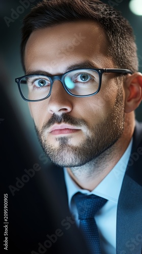 Professional businessman wearing glasses working late office environment portrait high definition image