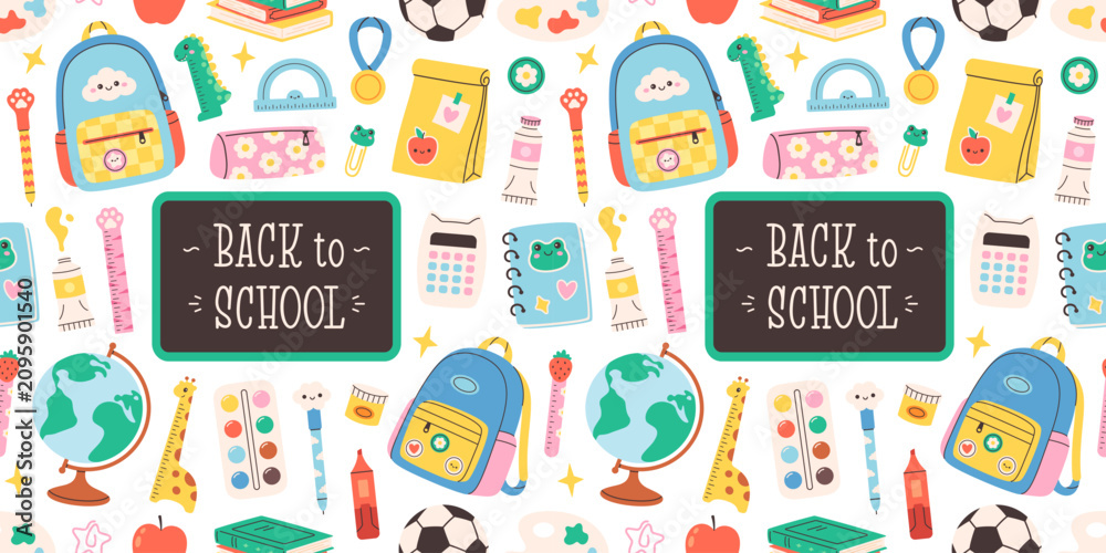 Fototapeta premium Cute back to school seamless pattern with school supplies. Educational design for kids products and stationery. Flat vector illustration
