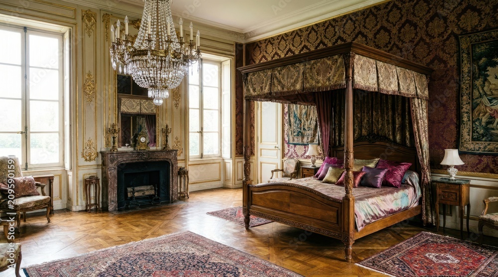Obraz premium Luxurious four-poster bed in a grand, ornate bedroom with antique furnishings