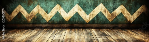 Vintage room interior with weathered teal chevron wall pattern and rustic wooden floorboards texture background