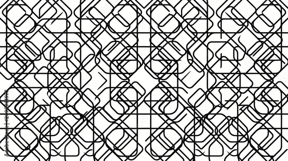 Obraz premium Abstract Black and White Geometric Pattern with Repeating Interlocking Shapes and Lines