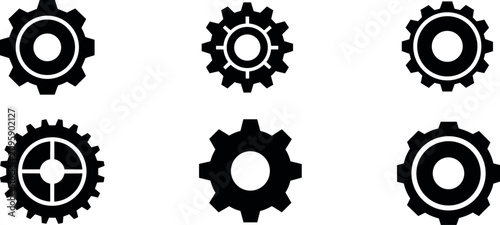 Schilderij op canvas A professional set of six black gear icons representing precise mechanical motion and settings on a bright white background