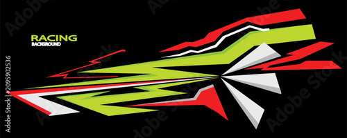 Abstract racing background with dynamic geometric livery stripe shapes in neon green and red on a black backdrop.