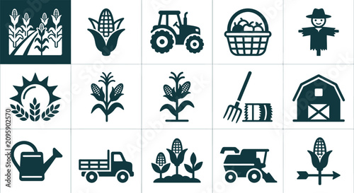 Foto Set of 15 flat agricultural vector icons featuring corn stalks, tractor, harvest basket, scarecrow, barn, combine harvester, watering can, and farm truck on a white background